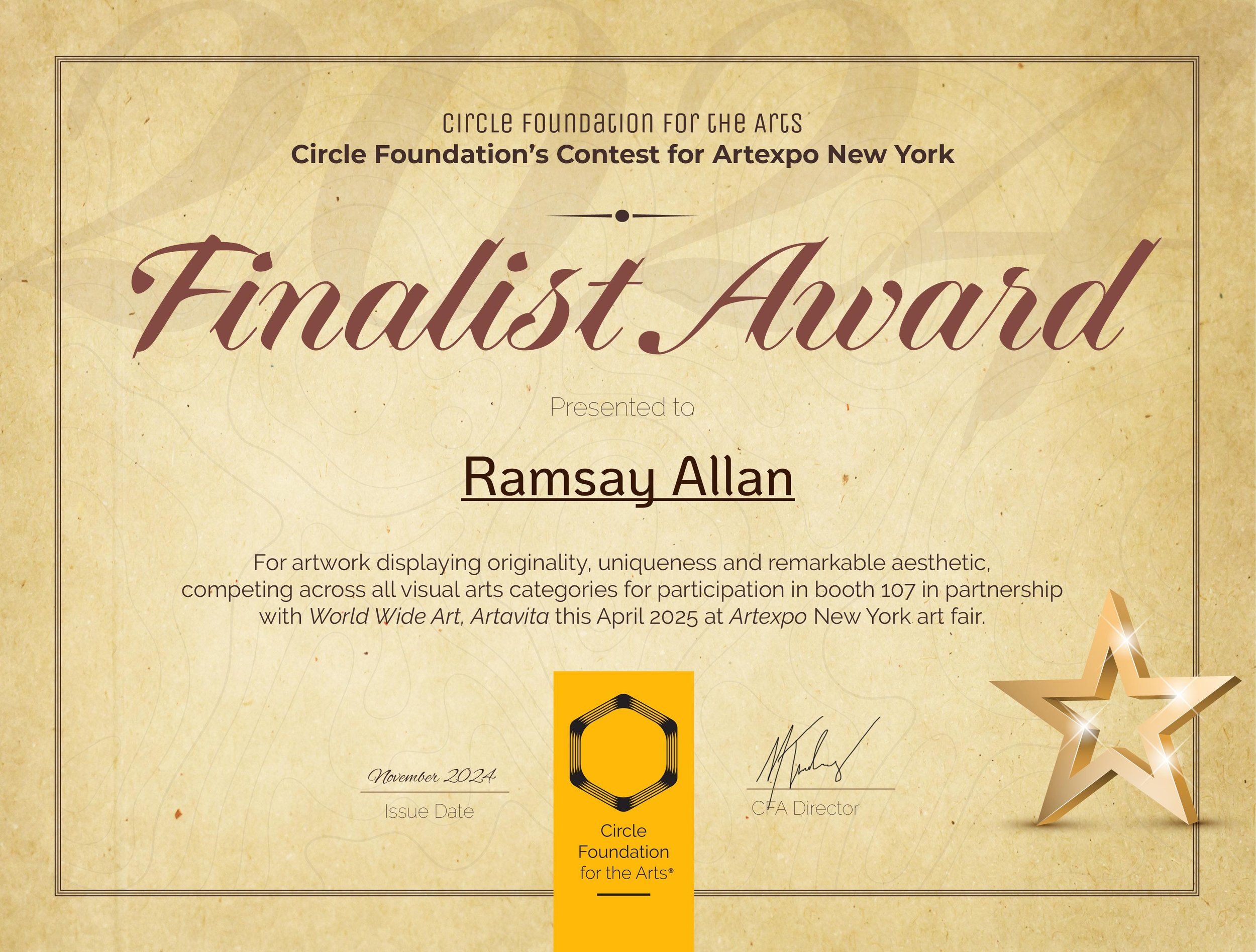 Circle Foundation for the Arts — Artexpo New York Finalist Certificate